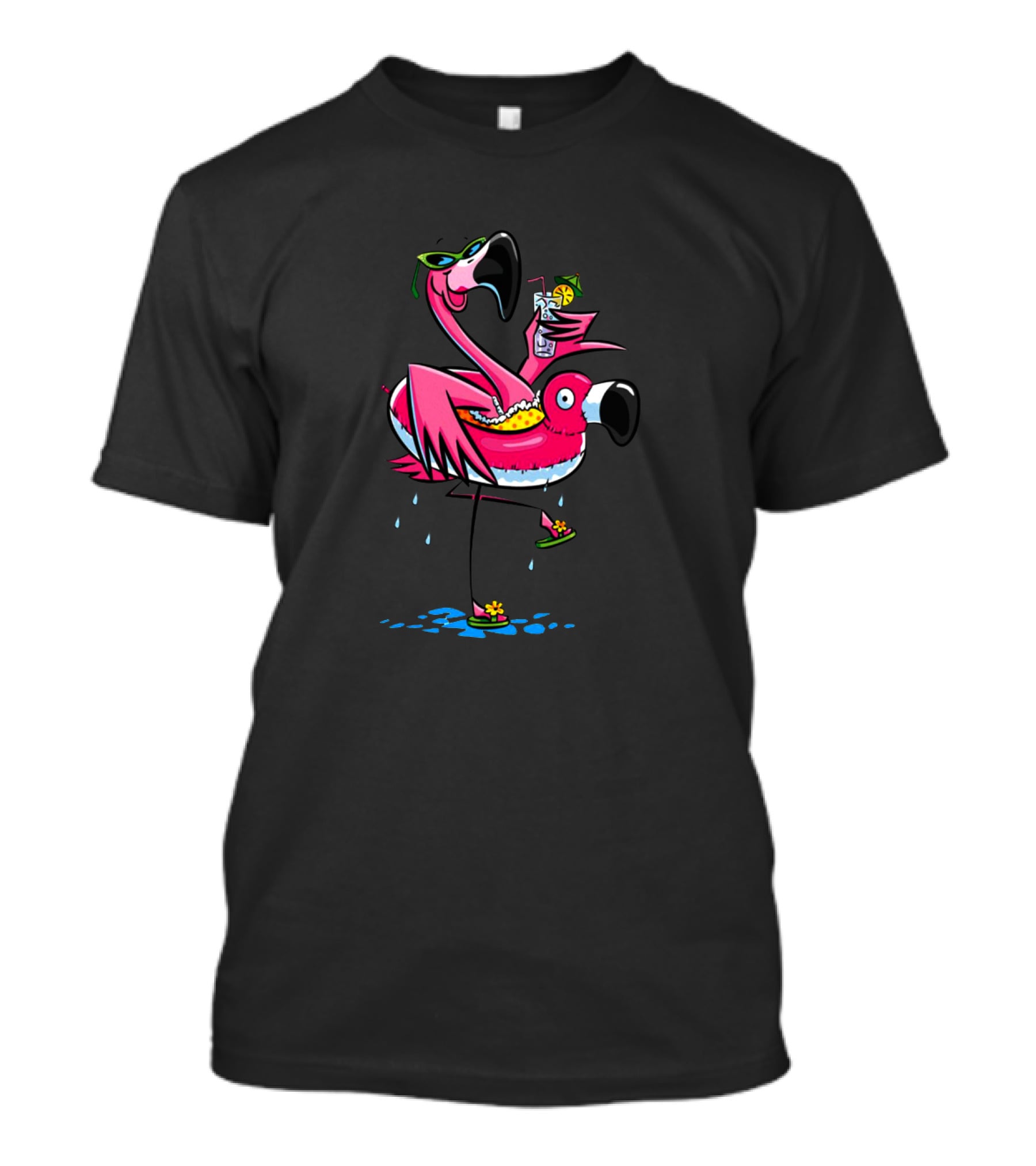 Pink Flamingos Enjoying A Tropical Wine Drink T-Shirt