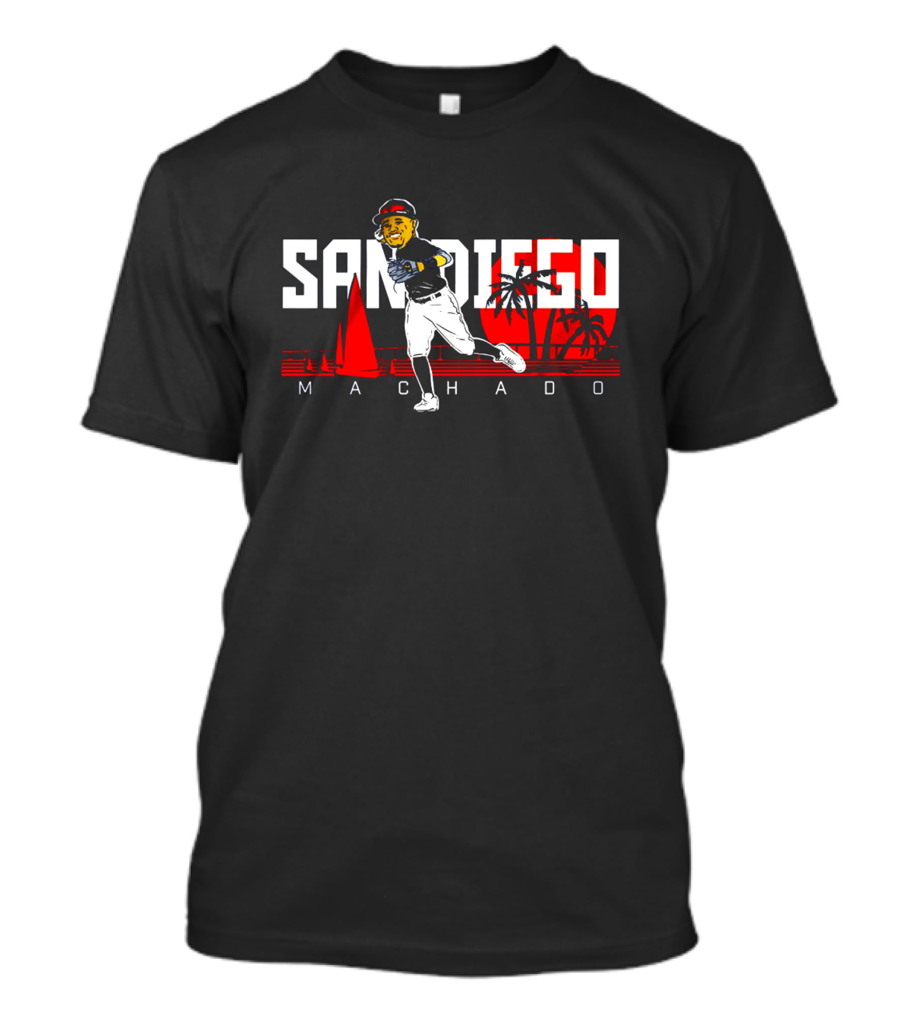 San Diego Machado Baseball Player With Sailboat And Palm Trees In Red Sunset Scene T-Shirt