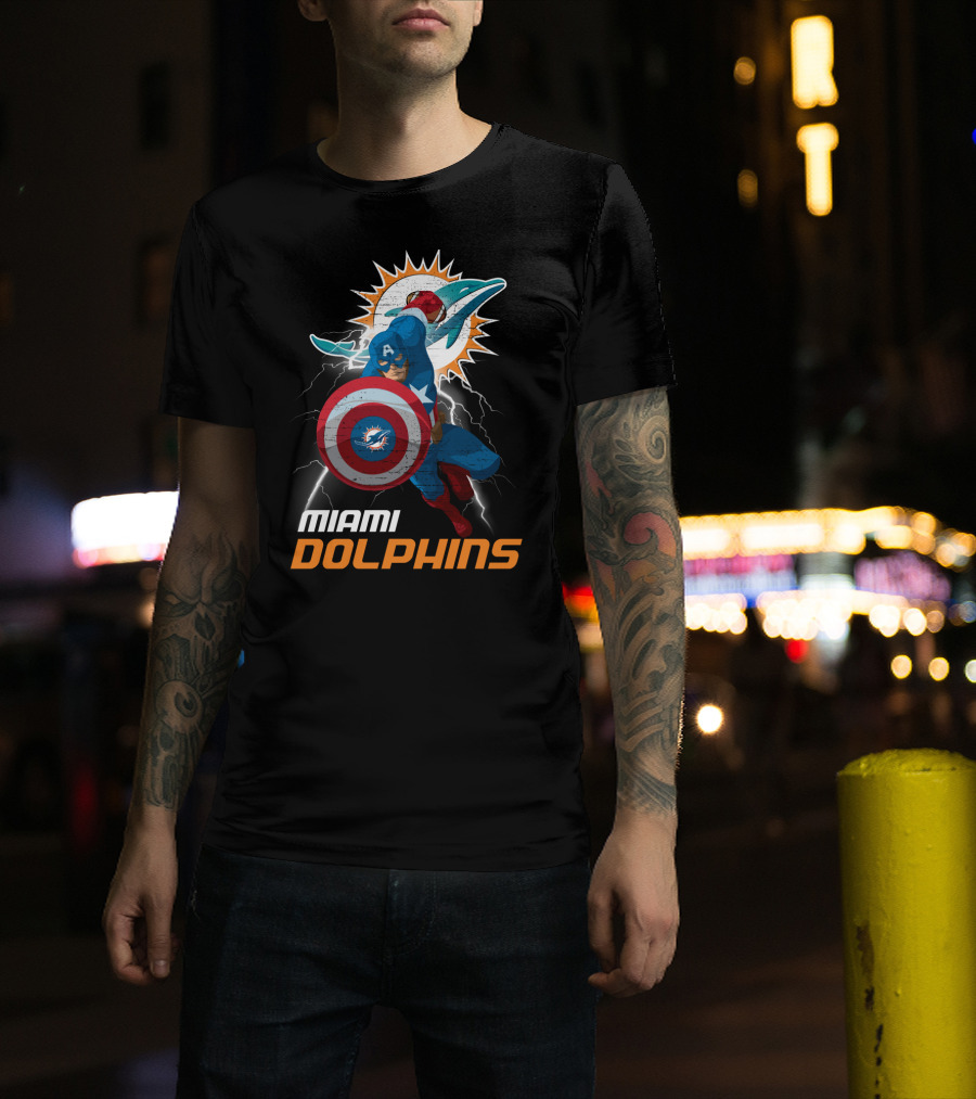 Captain America Miami Dolphins Nfl Lightning Action T-Shirt