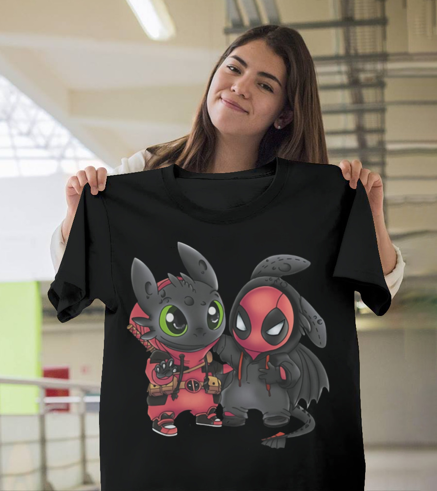Baby Toothless And Deadpool Mashup Crossover Featuring Cute Duo With Iconic Red And Black Costume Elements T-Shirt