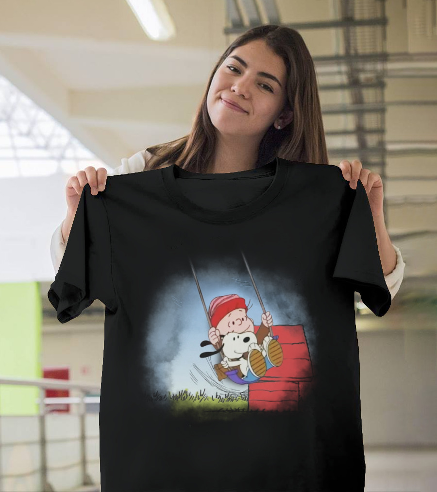 Charlie Brown And Snoopy Swinging On Doghouse T-Shirt