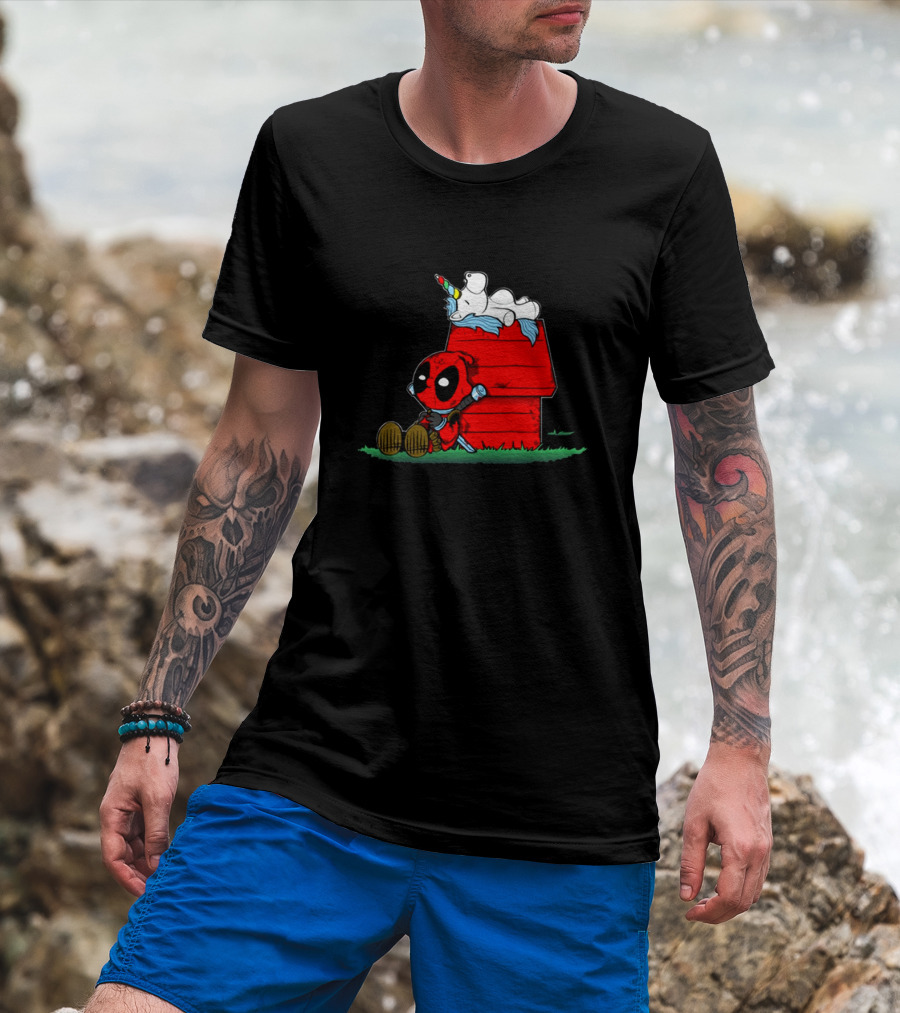 Deadpool And Snoopy Unicorn Crossover On Doghouse With Red And Black Accents T-Shirt
