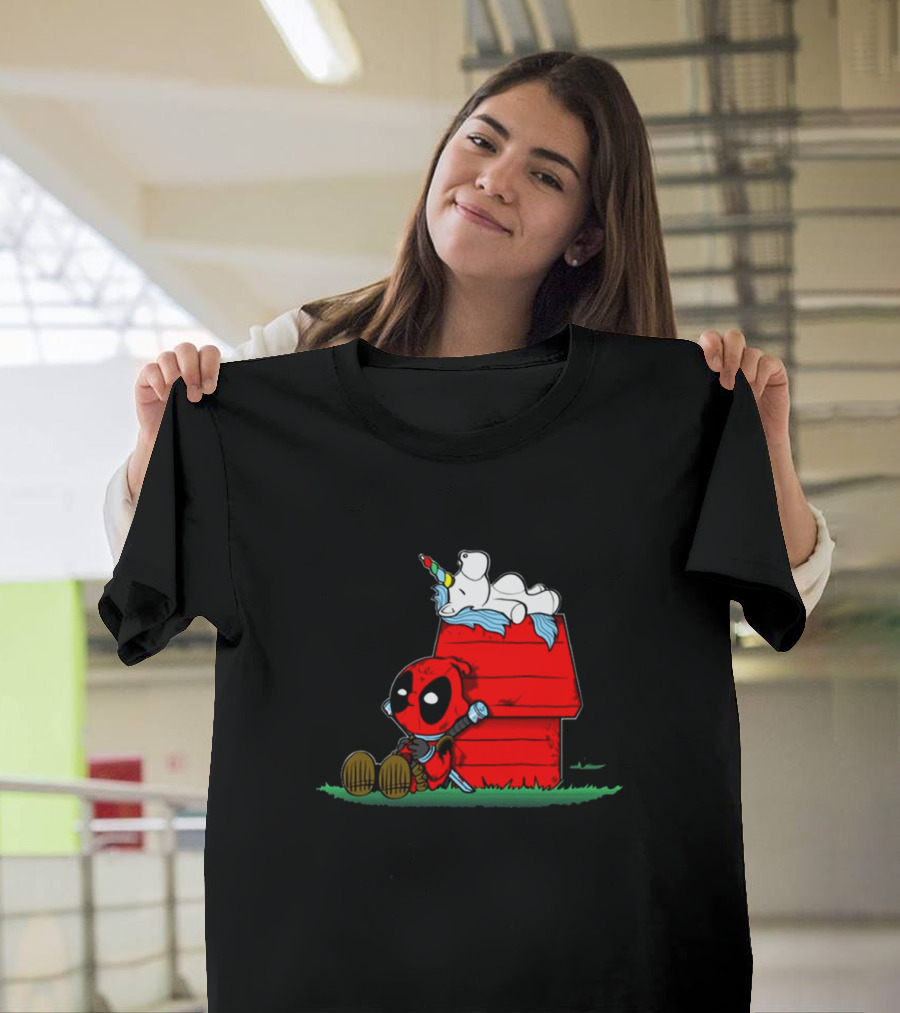 Deadpool And Snoopy Unicorn Crossover On Doghouse With Red And Black Accents T-Shirt