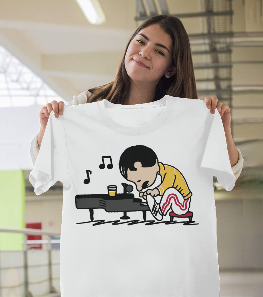 Freddie Mercury Peanuts Piano With Yellow Jacket And Red Stripe Pants T-Shirt