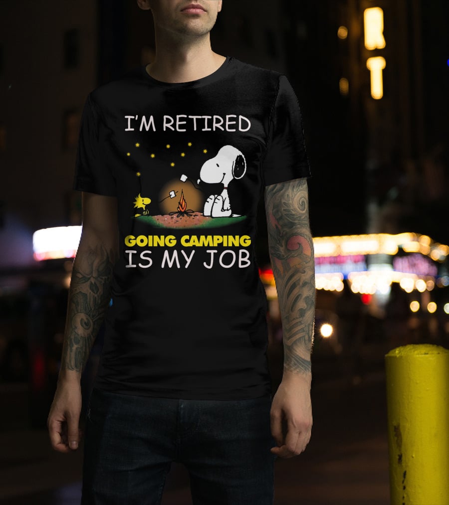 I’m Retired Going Camping Is My Job Snoopy And Woodstock Campfire Scene T-Shirt