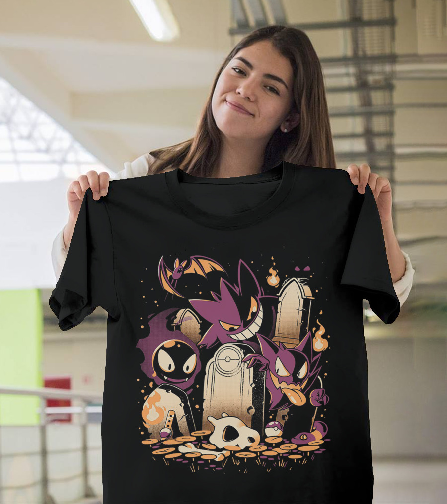 Pokemon Gastly Haunter Gengar Spooky Graveyard Scene with Fire and Skull T-Shirt