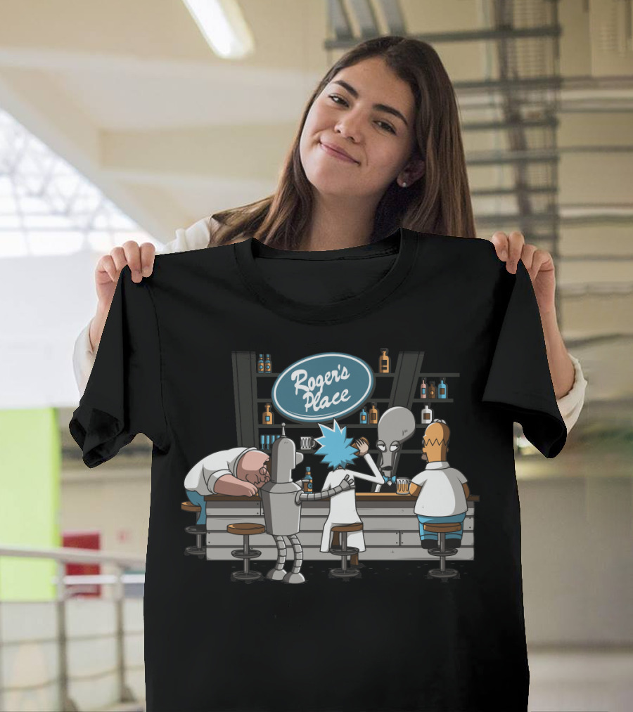 Rick And Morty Meets Roger American Dad Bar Scene Featuring Iconic Characters At Roger's Place T-Shirt