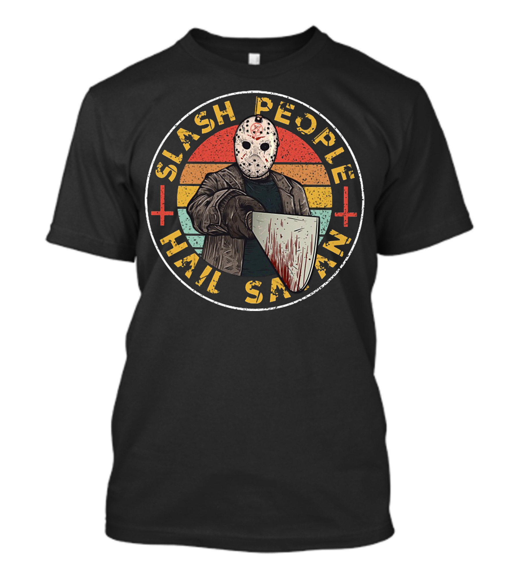 Slash People Hail Satan Jason Voorhees Horror Vintage Retro Mask Bloody Cleaver T-Shirt