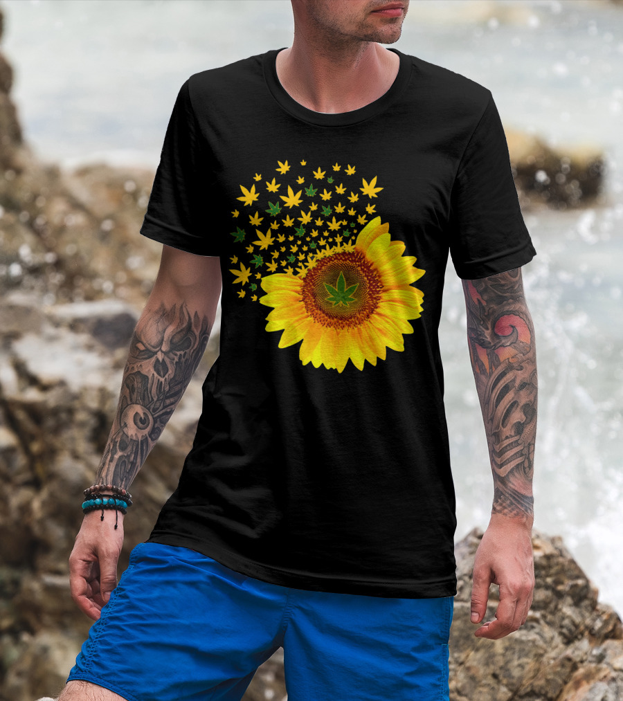 Sunflower With Dispersing Yellow And Green Weed Leaves T-Shirt
