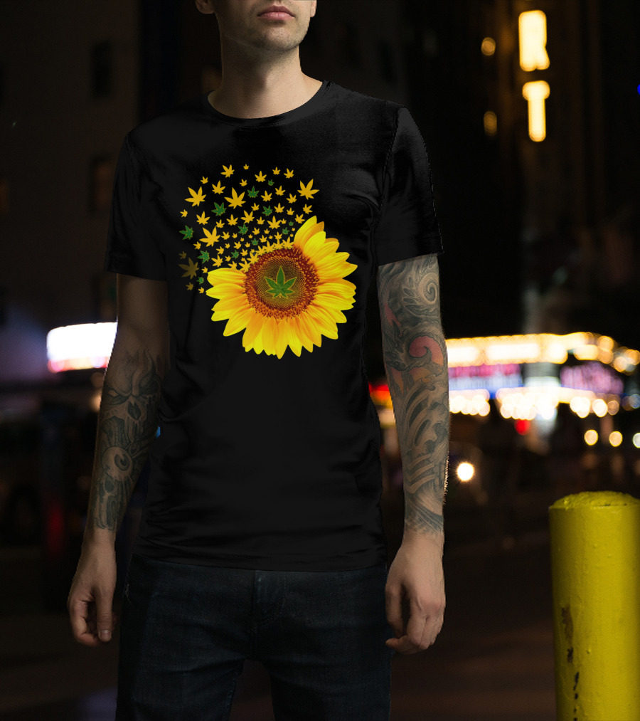 Sunflower With Dispersing Yellow And Green Weed Leaves T-Shirt