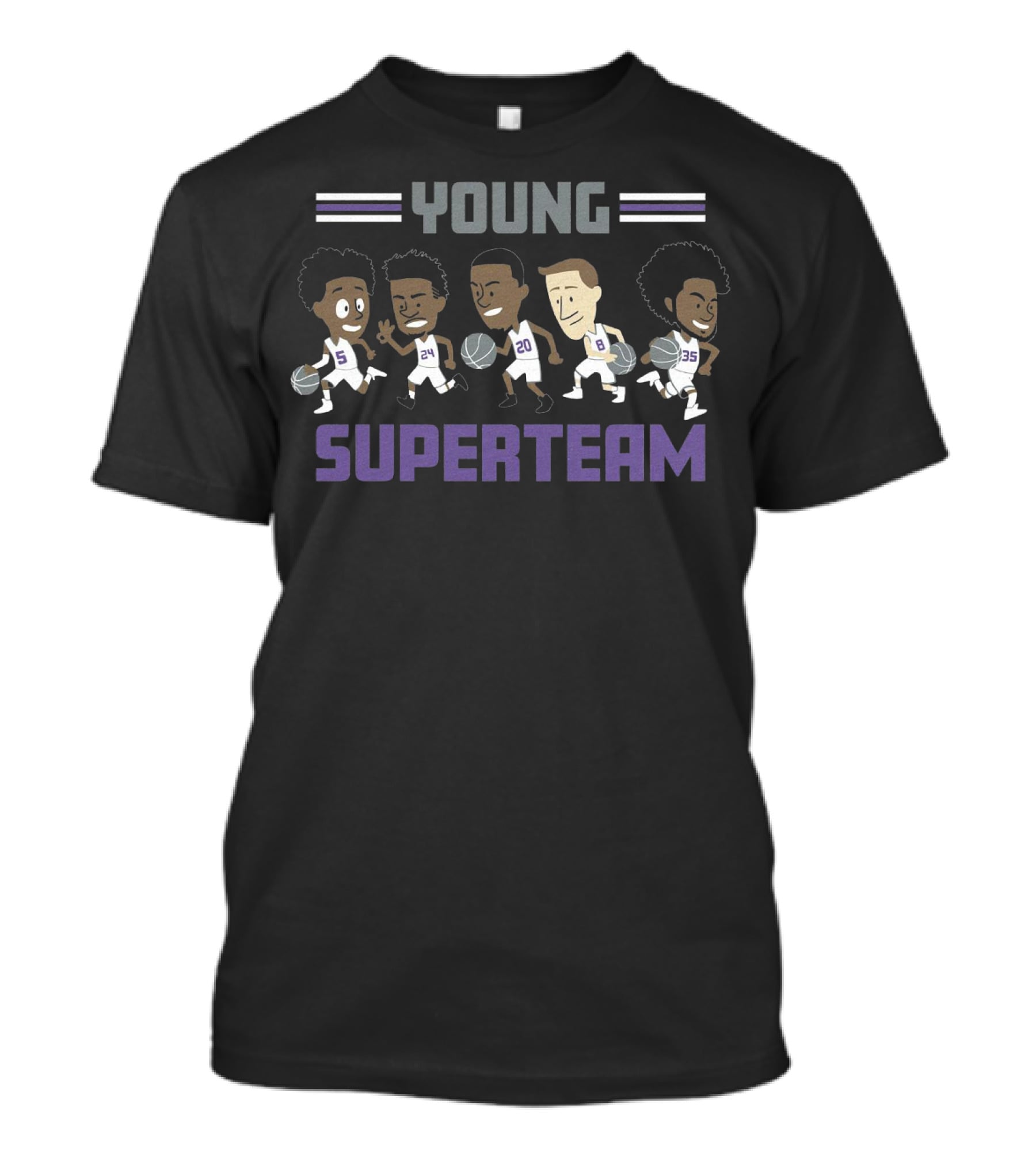 Young Superteam Cartoon Basketball Players With Numbers 5 24 20 8 35 T-Shirt