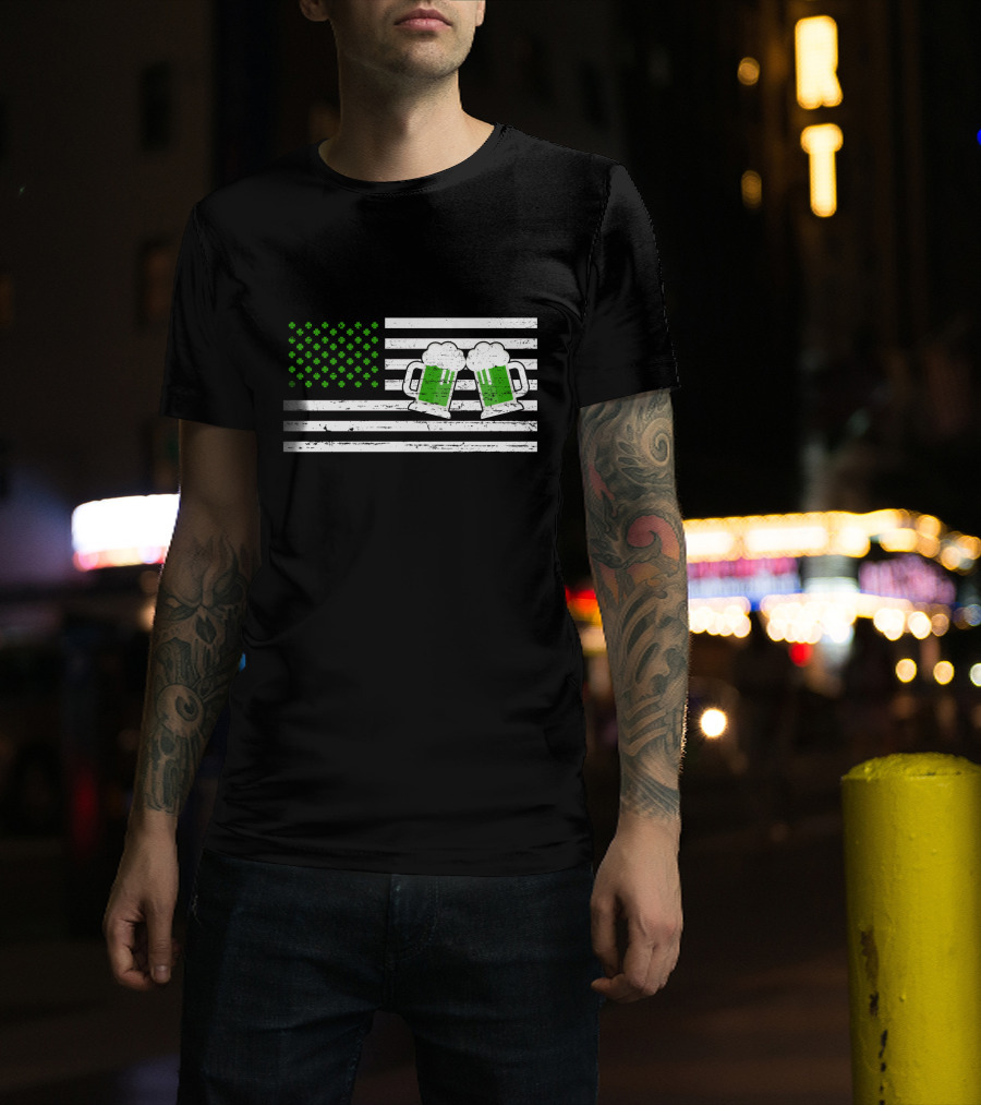 Happy Patrick's Day American Flag With Green Shamrocks And Beer Mugs T-Shirt