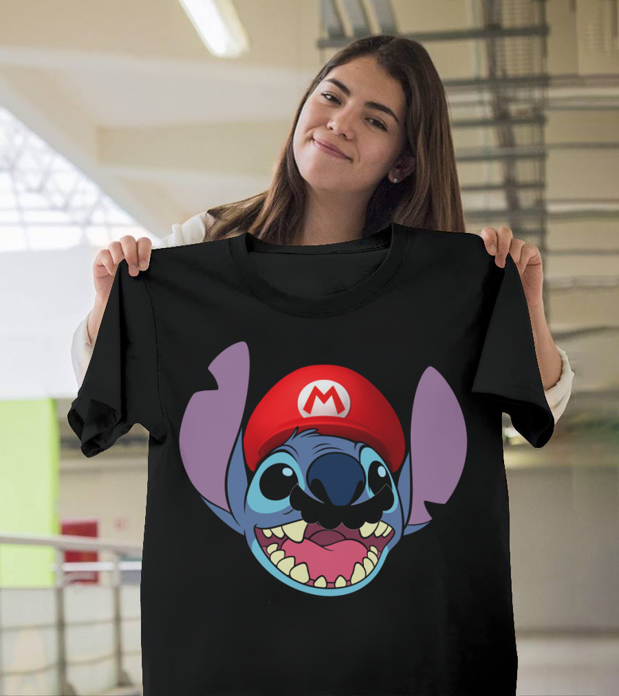 Stitch Wearing Mario Hat and Mustache Cartoon Crossover T-Shirt