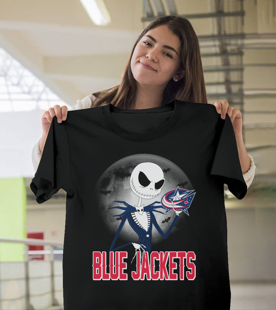 Jack Skellington Columbus Blue Jackets Halloween Fan Logo Moon Background T-Shirt