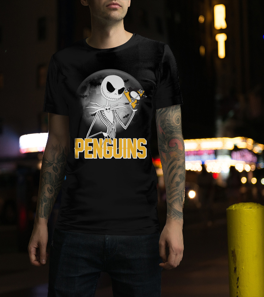 Jack Skellington Halloween Full Moon Penguins Hockey T-Shirt
