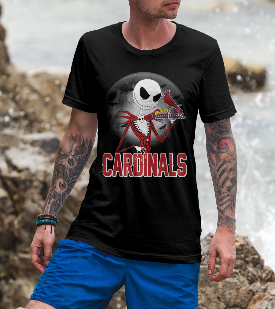 Cardinals Jack Skeleton Halloween St. Louis Cardinals Logo Moon Background T-Shirt