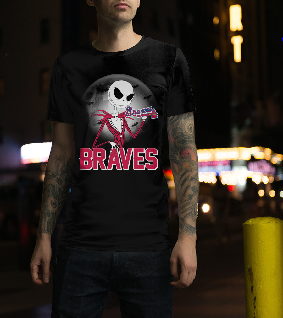 Jack Skellington Braves Halloween With Atlanta Baseball Moon And Bats T-Shirt