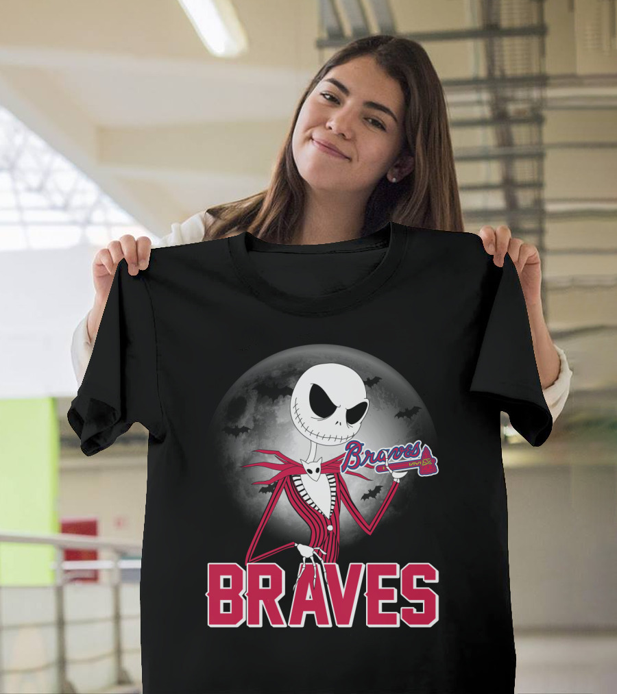 Jack Skellington Braves Halloween With Atlanta Baseball Moon And Bats T-Shirt