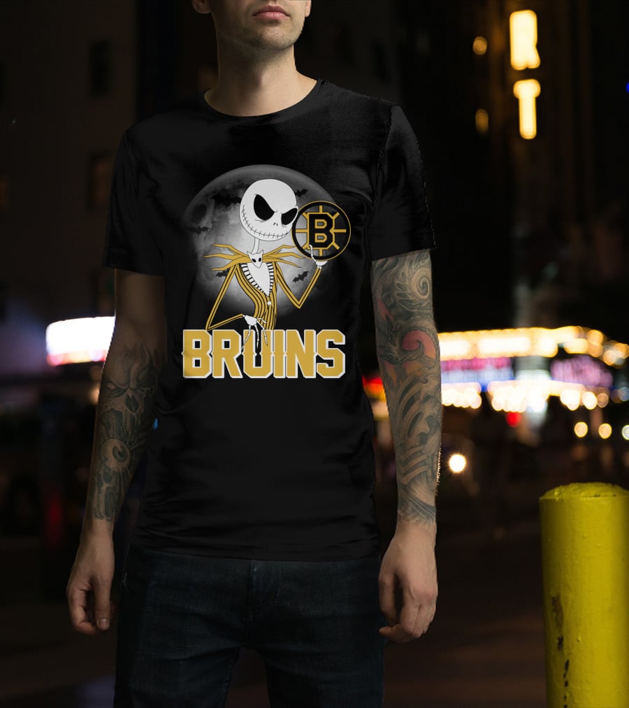 Jack Skellington Halloween Boston Bruins Moon And Bats T-Shirt