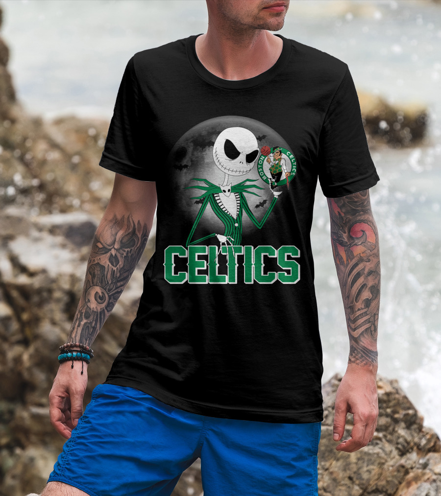 Celtics Jack Skellington Halloween Boston Celtics Moon And Bats T-Shirt