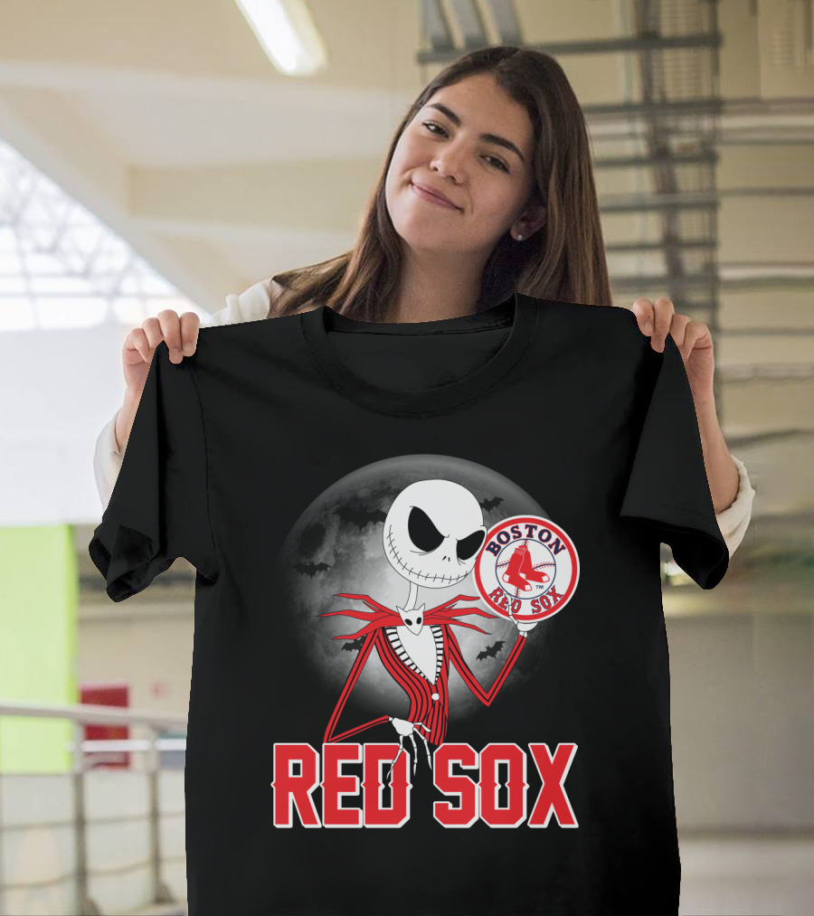 Jack Skellington Holding Boston Red Sox Logo with Halloween Moon Background T-Shirt