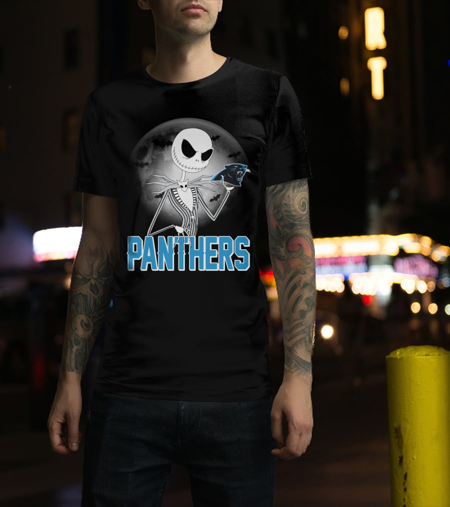 Jack Skellington Panthers Halloween Carolina Panthers Logo Moon Bats T-Shirt