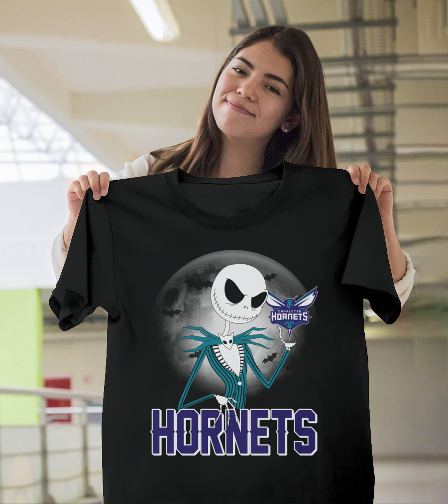Jack Skellington Halloween Charlotte Hornets Moon Bats T-Shirt