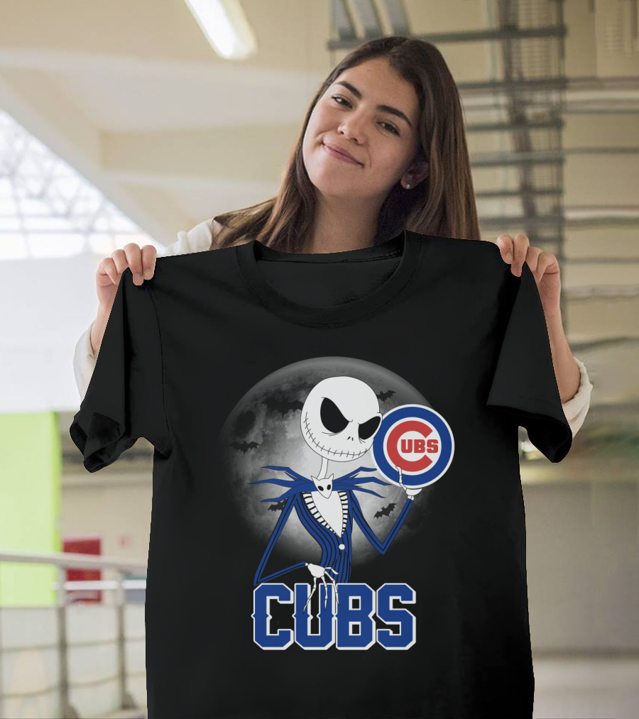 Jack Skellington Halloween Cubs Logo Fans With Full Moon And Bats T-Shirt