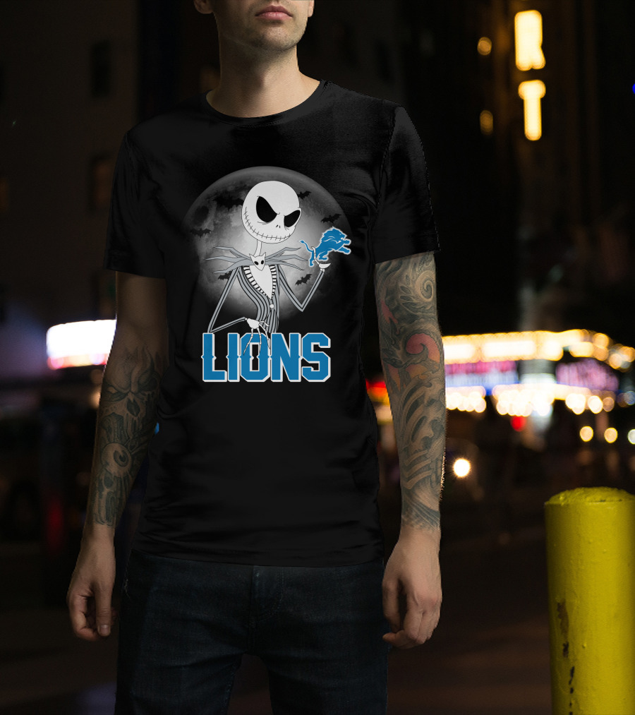 Jack Skellington Detroit Lions Halloween Night Full Moon Bats T-Shirt