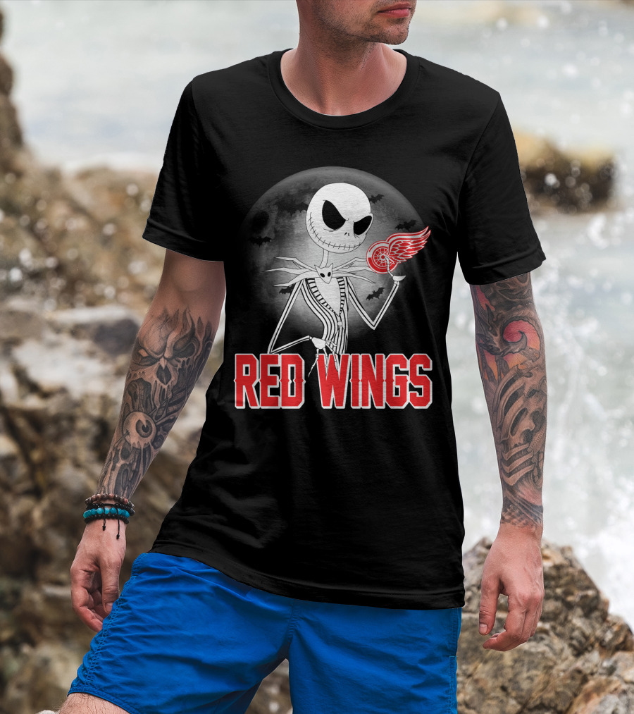Jack Skellington Holding Detroit Red Wings Symbol In Halloween Moonlit Scene T-Shirt