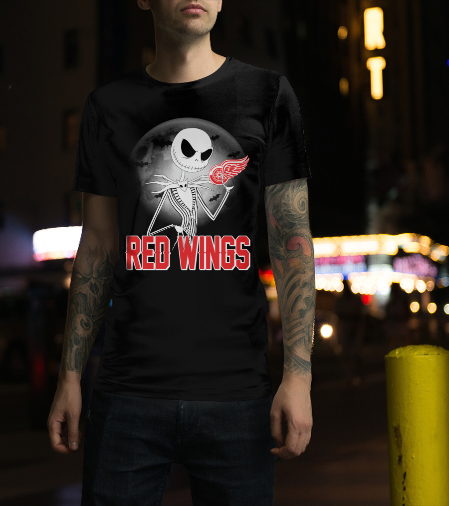 Jack Skellington Holding Detroit Red Wings Symbol In Halloween Moonlit Scene T-Shirt