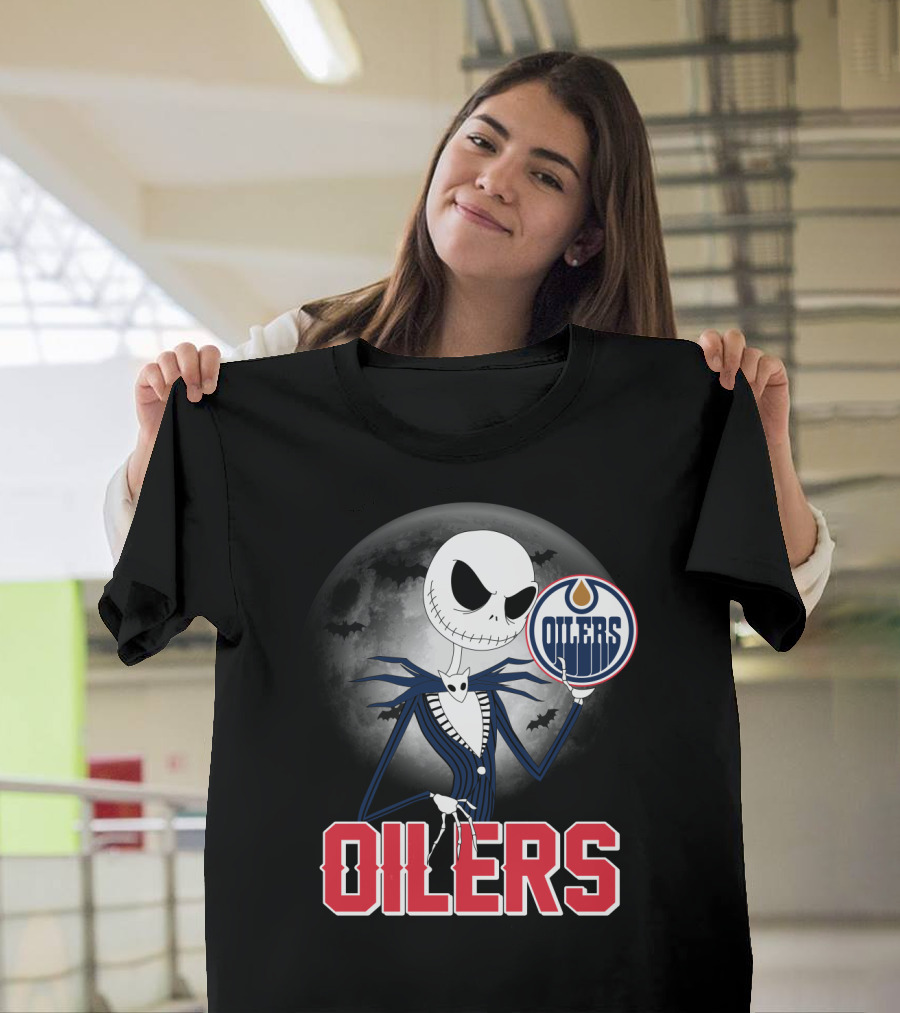 Jack Skellington Edmonton Oilers Halloween Moon Background T-Shirt