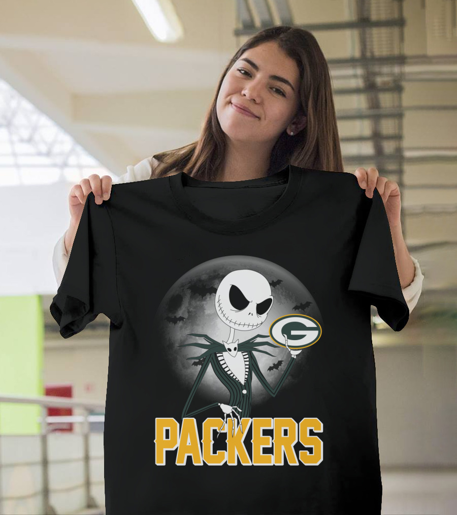 Jack Skellington Green Bay Packers Halloween Moon Bats T-Shirt