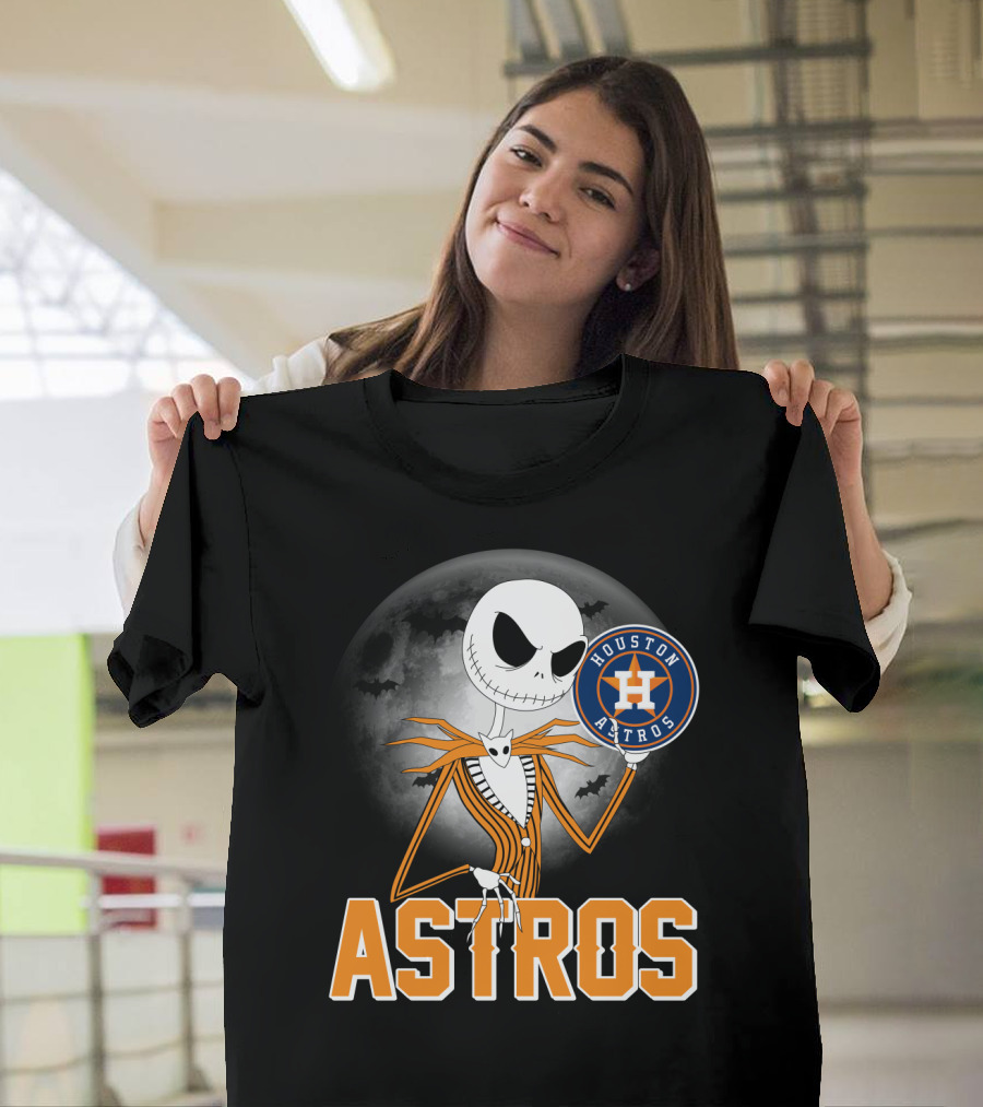Jack Skellington Holding Houston Astros Logo With Halloween Bats T-Shirt