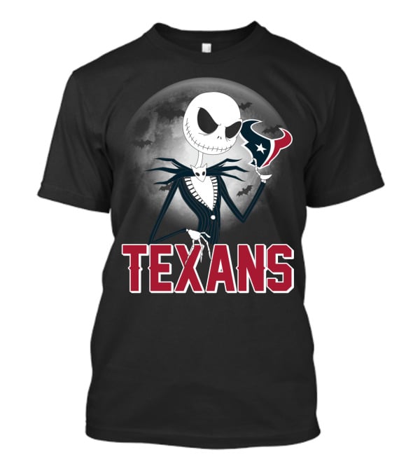 Jack Skellington Holding Houston Texans Logo With Moon And Bats T-Shirt