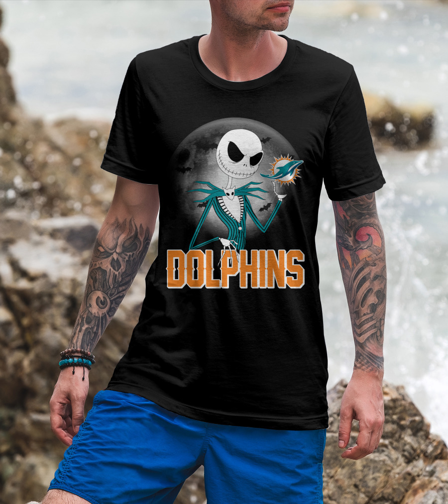 Jack Skellington Dolphins Halloween Miami Logo Moon T-Shirt