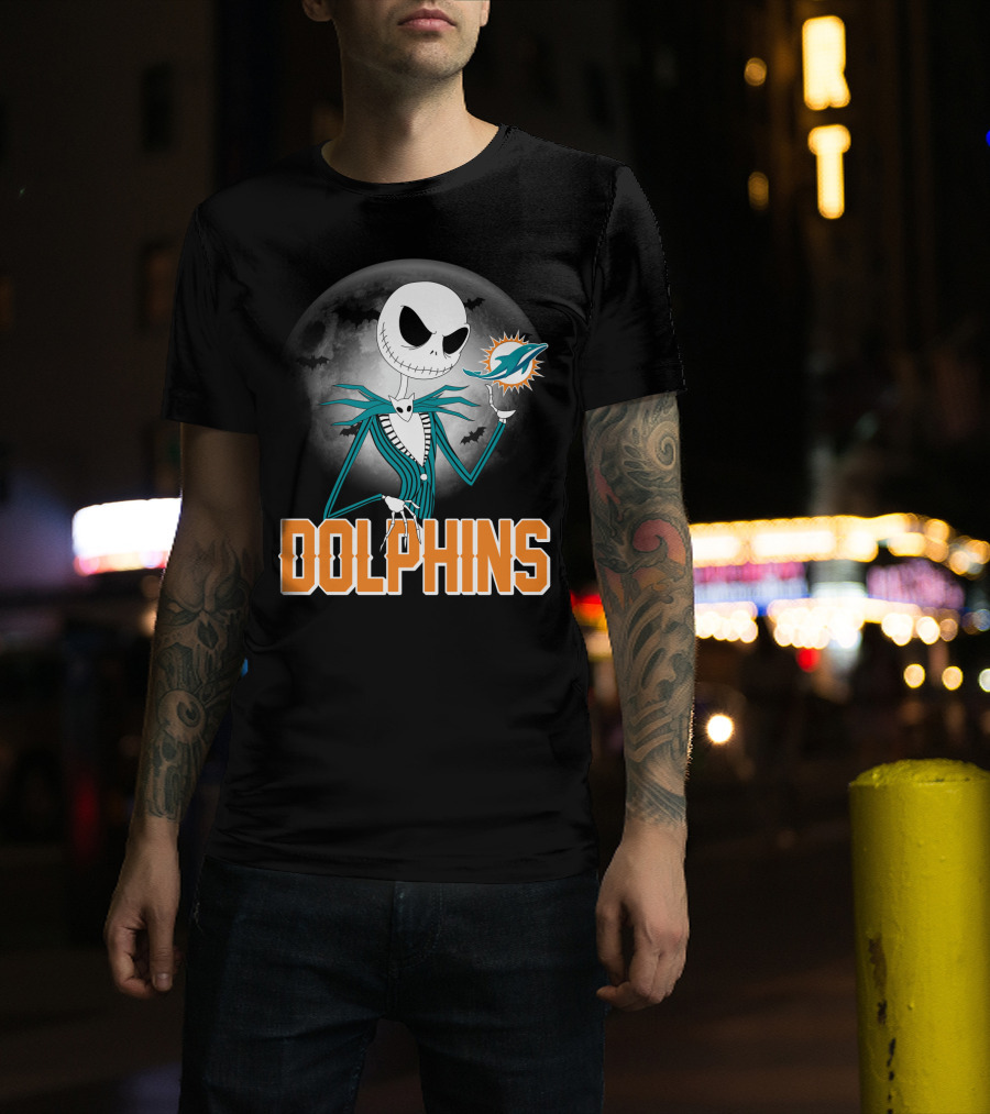 Jack Skellington Dolphins Halloween Miami Logo Moon T-Shirt