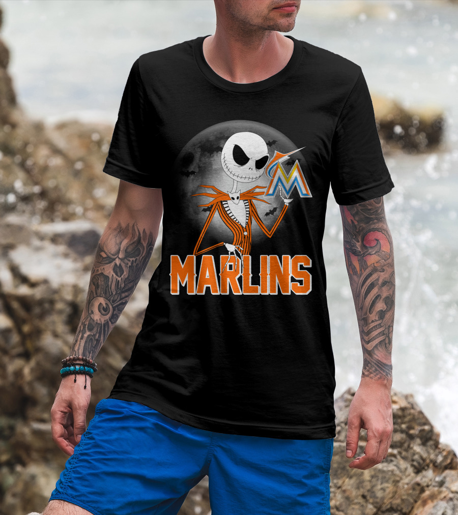 Jack Skellington Miami Marlins Halloween Moon Bat T-Shirt