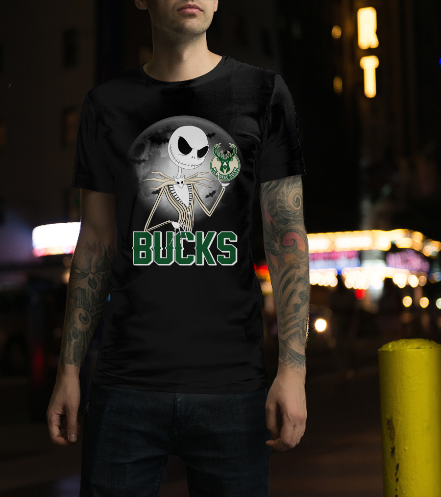 Jack Skellington Halloween Milwaukee Bucks Moon Bats T-Shirt