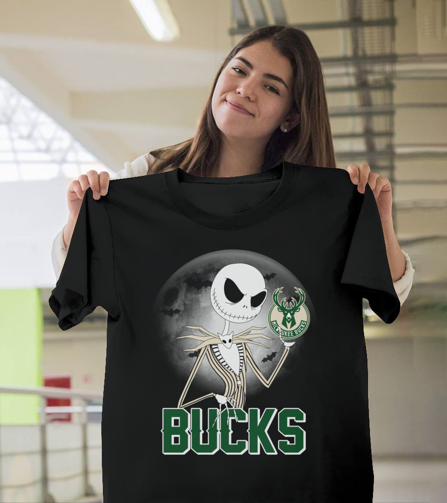 Jack Skellington Halloween Milwaukee Bucks Moon Bats T-Shirt