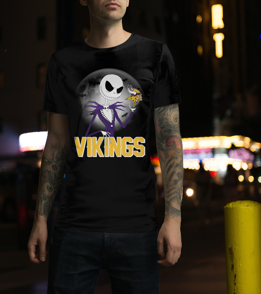 Jack Skellington Vikings Halloween Minnesota Football Theme T-Shirt