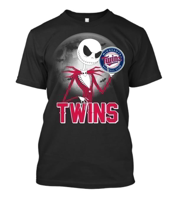 Jack Skellington Halloween Holding Minnesota Twins Baseball Club Logo With Full Moon And Bats In Background T-Shirt