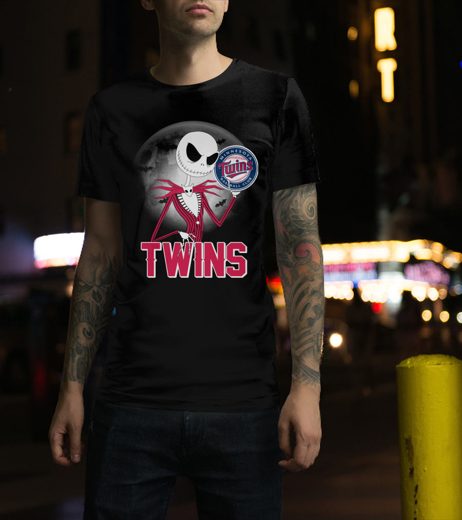 Jack Skellington Halloween Holding Minnesota Twins Baseball Club Logo With Full Moon And Bats In Background T-Shirt