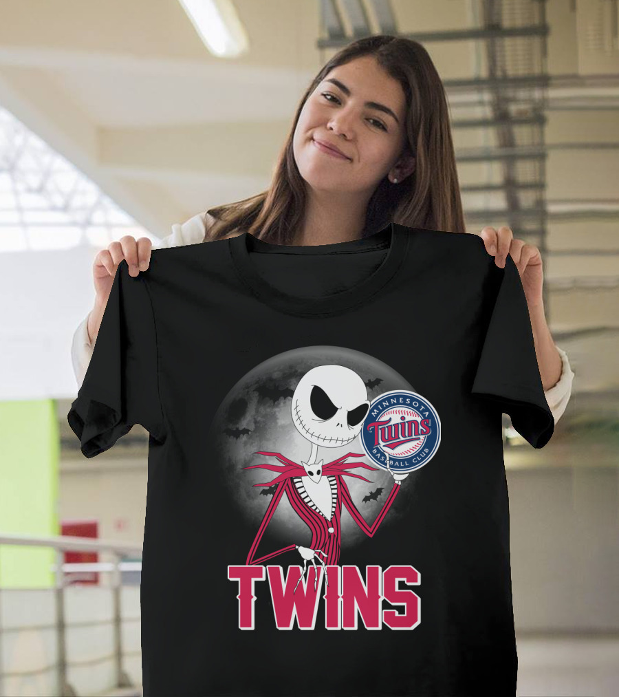 Jack Skellington Halloween Holding Minnesota Twins Baseball Club Logo With Full Moon And Bats In Background T-Shirt