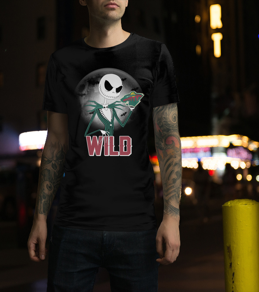 Jack Skellington Halloween Moon And Minnesota Wild Logo Spooky T-Shirt