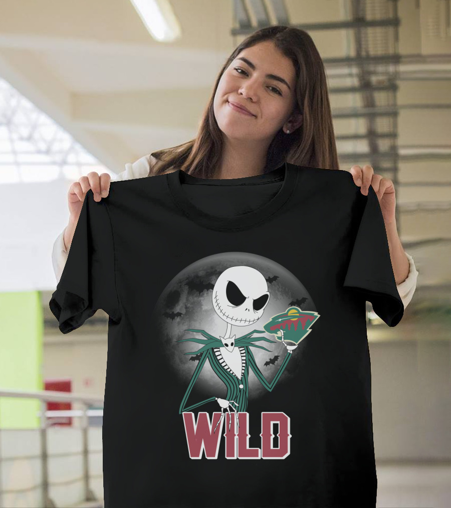 Jack Skellington Halloween Moon And Minnesota Wild Logo Spooky T-Shirt