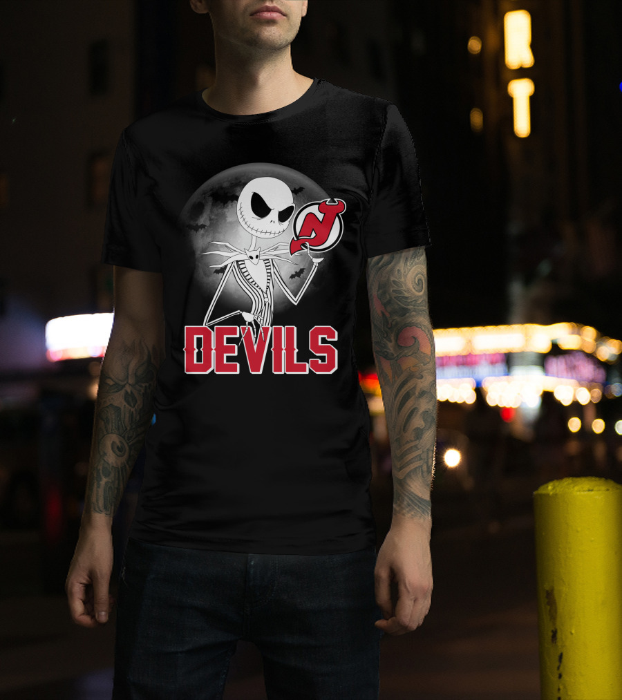 Jack Skellington Halloween Meets New Jersey Devils Moonlit Night T-Shirt