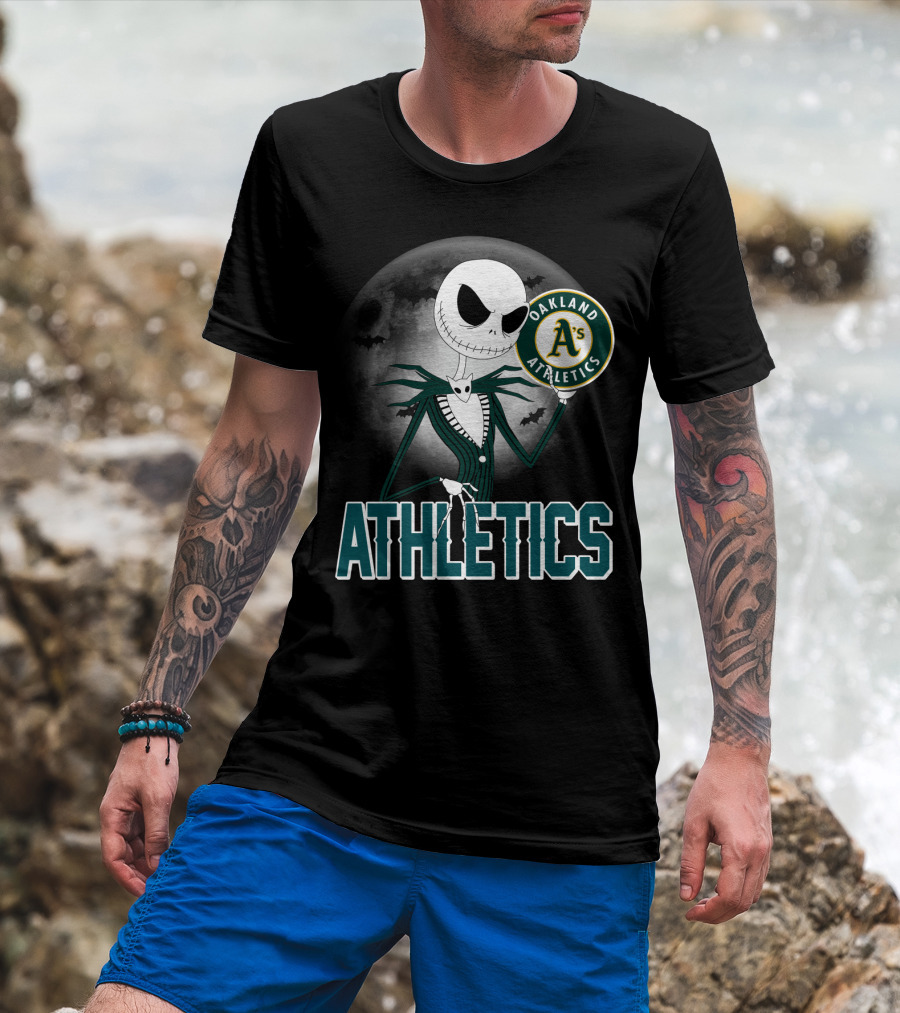 Jack Skellington Holding Oakland Athletics Logo With Halloween Moon And Bats T-Shirt
