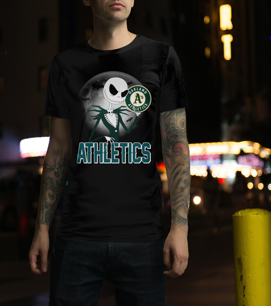 Jack Skellington Holding Oakland Athletics Logo With Halloween Moon And Bats T-Shirt