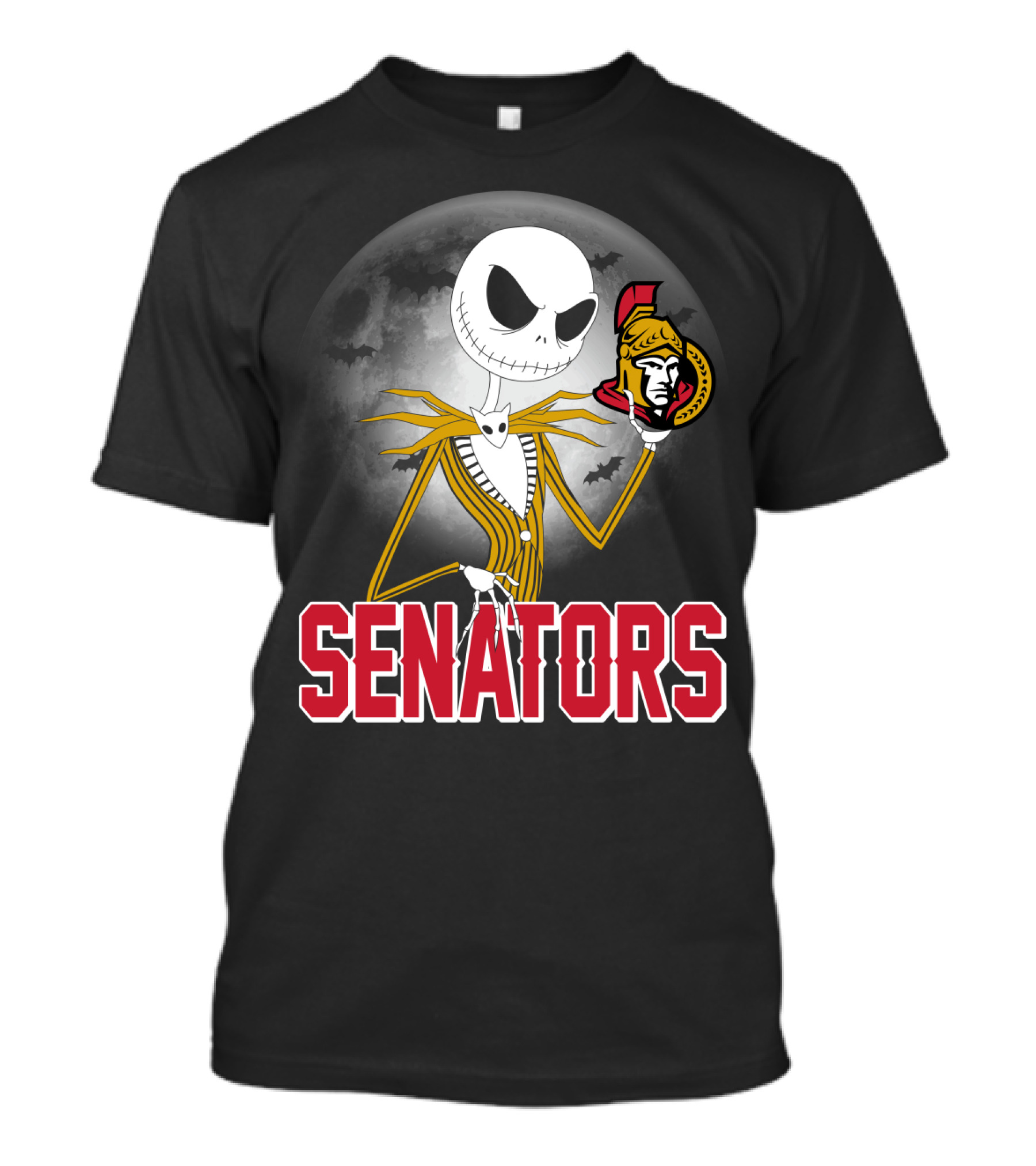 Jack Skellington Ottawa Senators Halloween Crossover With Moon And Bats Background T-Shirt